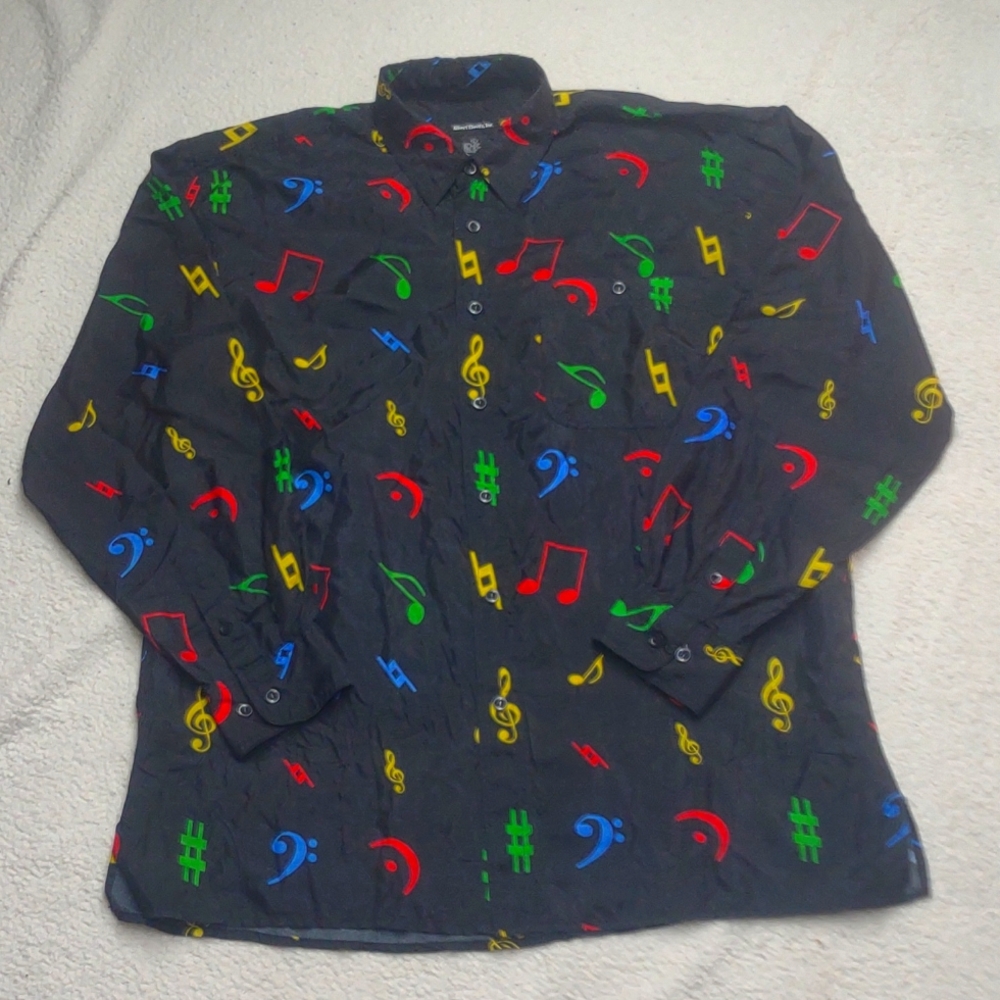 Vintage Albert Elovitz 100% Silk Music Notes Button Up Shirt Men's Large Colorfu